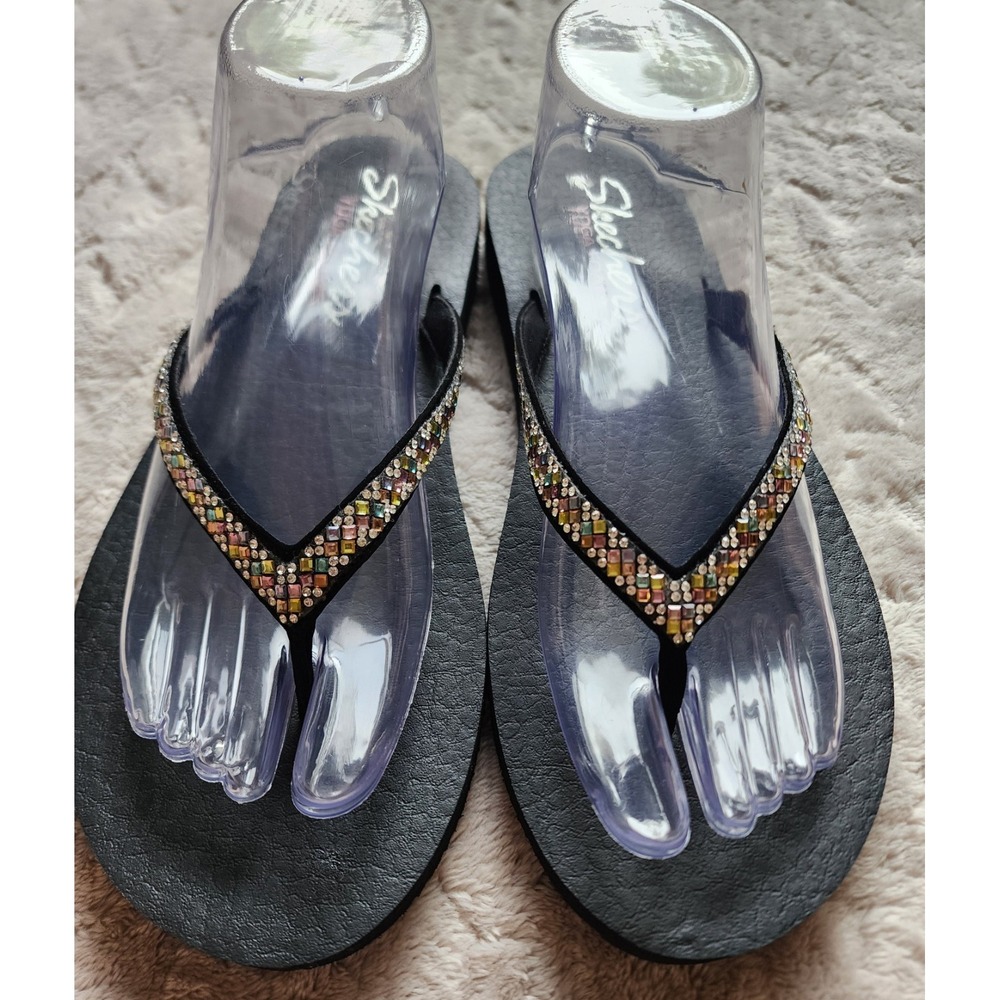 Skechers Meditation Rhinestone Black Flip Flop Sandals Womens 11 31756 BKMT